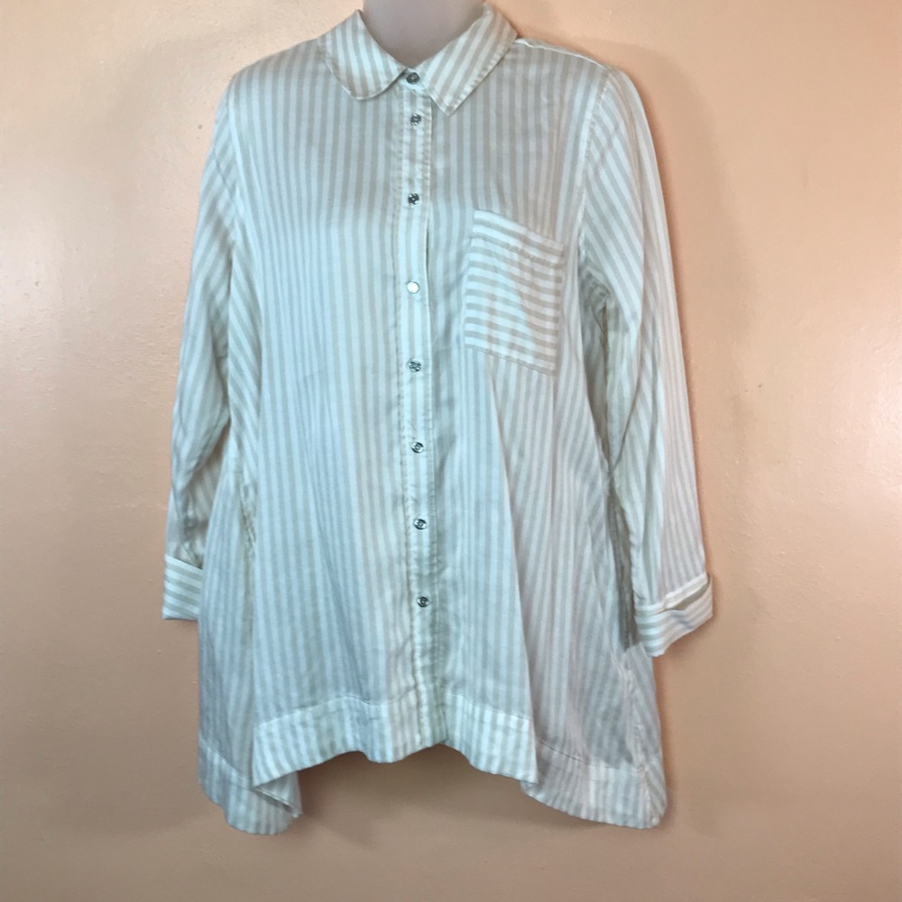Soft Surroundings White Cream Stripe Button Down Vented Blouse Women M